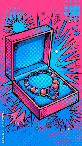 Jewelry Gift Box Pop Art: A vibrant pop art illustration features an open gift box revealing a sparkling necklace with a large central pendant.