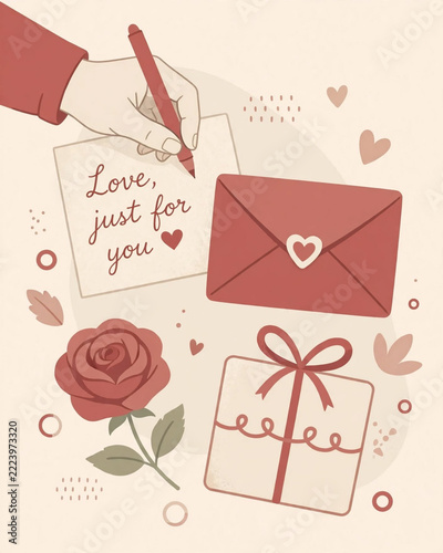 Handwriting Love, Just For You: A hand writes a heartfelt message Love, just for you on a note, accompanied by a rose and a gift box, perfect for expressing affection.