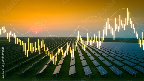 Financial market trends overlaying a solar energy farm, depicting sustainable investment, green economy growth, and the future of renewable power