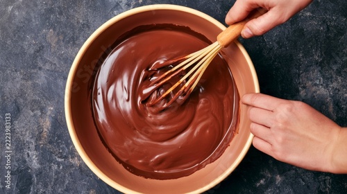Mixing Rich Melted Chocolate with Hands and Whisk in a Bowl for Delicious Desserts and Treats