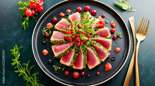 Contemporary Tuna Dish Featuring Thick Slices with Garnish and Colorful Accents on Dark Plate