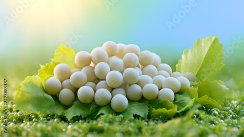 Close-Up of Freshwater Ecosystem with White Spheres on Green Leaves Under Gentle Sunlight
