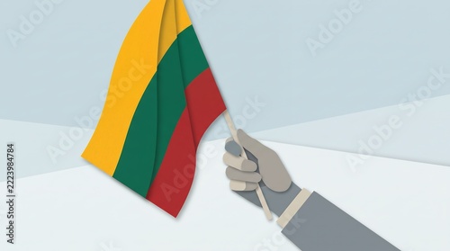 Minimalist Illustration Human Hand Holding Lithuania National Flag Patriotism Concept Background