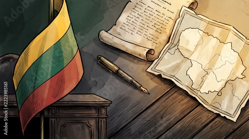 Watercolor Vintage Lithuanian Flag with Fountain Pen Map and Parchment Scroll on Wooden Desk Illustration