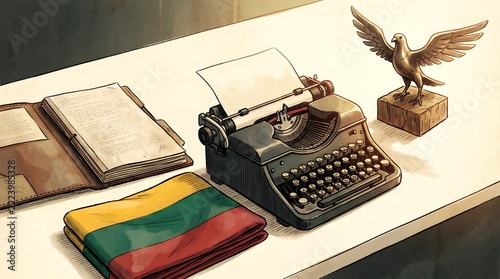 Vintage Illustration Typewriter with Lithuanian Flag and Journal on Desk Still Life Concept