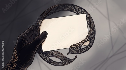 Anime Style Gloved Hand Holding Blank Card In Ornate Circular Frame Illustration