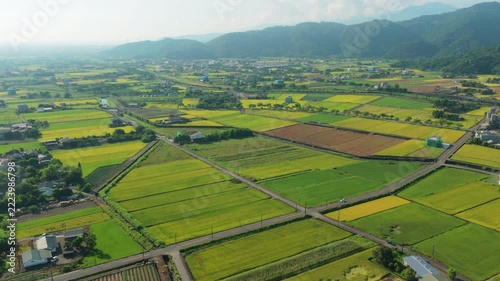 Aerial view of agriculture in rice fields and village, Taiwan.