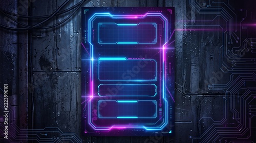 Futuristic neon glowing digital frame template with empty space for