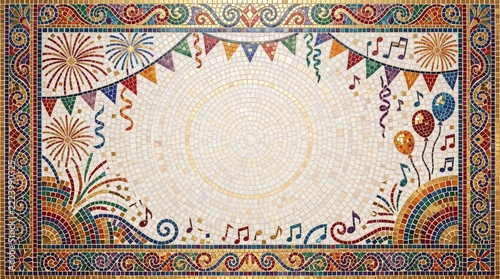 Colorful mosaic party invitation background with fireworks and