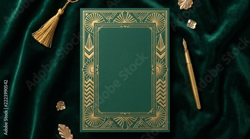 Elegant art deco invitation card template with gold frame on dark