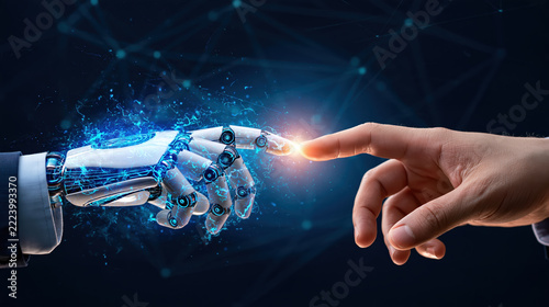 MetadataRobot hand and human hand touching fingertip over glowing digital network, symbolizing connection between technology and humanity