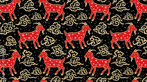 Red goat zodiac pattern, seamless repeating motif with decorative stars and cloud swirls on black background, creating bold folk art design