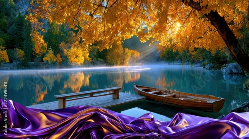 Golden Autumn Landscape at Sunrise Near a Lake