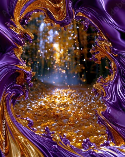 Autumn Forest Path Framed by Gold and Violet Swirls