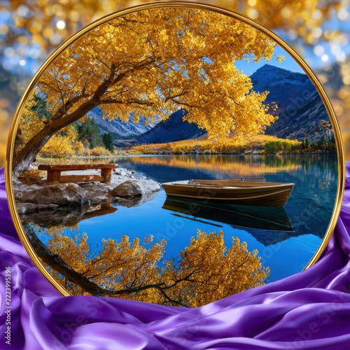 Mountain Lake in Autumn With a Boat and Bench