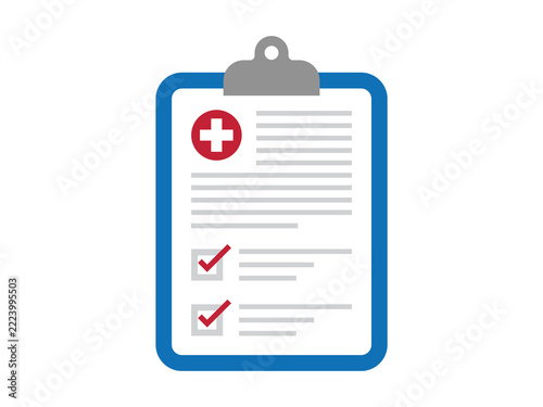 This illustration features a flat-style vector of a medical record clipboard or health document against a white background.