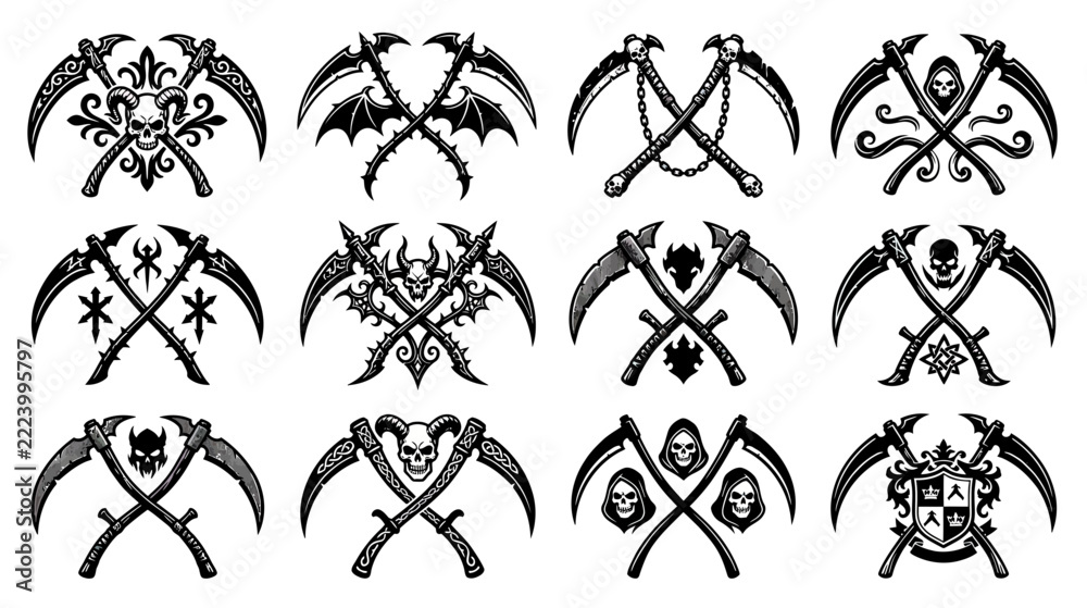 Fototapeta premium Gothic Scythe Emblems with Skulls and Ornate Designs