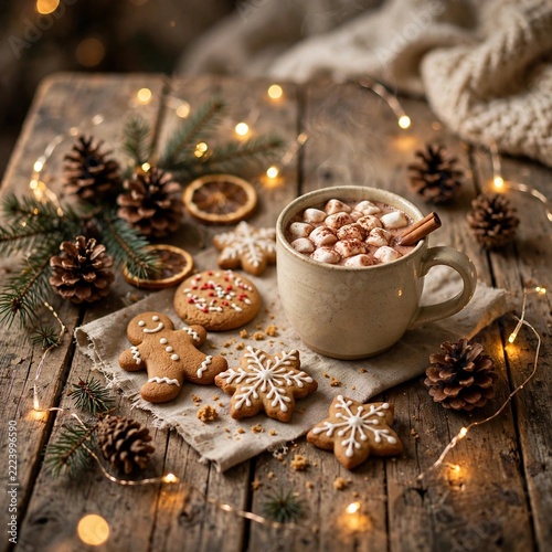 Cozy Christmas hot chocolate with marshmallows, rustic gingerbread cookies on wooden table, festive winter scene with warm fairy lights and pine cones.