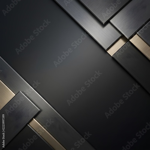 dark metallic geometric background with brushed metal and gold accents.