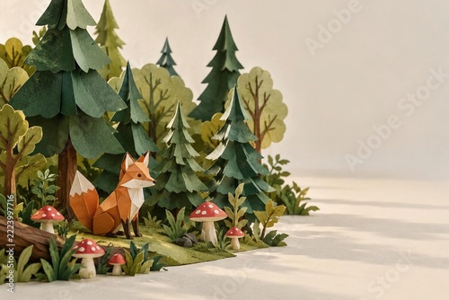 Origami paper fox in papercraft forest with fir trees, red toadstool mushrooms, fairy tale, copy space
