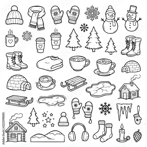 Winter Doodle Collection – Hand Drawn Black and White Outline Elements