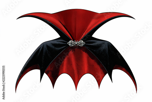 Black and red vampire cape costume in vintage pin-up comic style