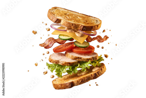 Flying chicken club sandwich isolated on transparent background