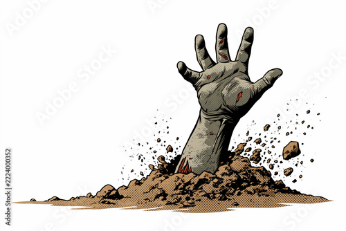 Zombie hand rising from grave dirt in vintage pin-up comic style