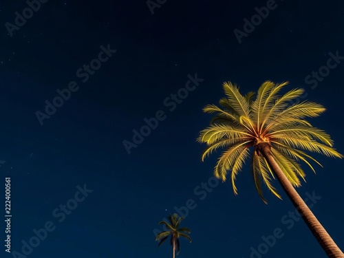 Silent sentinel palm stands tall under starry night sky, ||Nighttime, moonlit