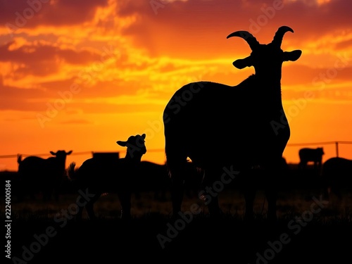 Silhouette set of a goat and its kid on a farm background, isolated from other animals, outline, rural