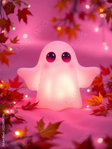 Soft, glowing ghost with oversized eyes on a pastel pink background, surrounded by autumn leaves and twinkling lights, cartoon, orange
