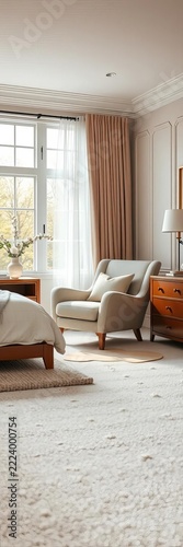 Softly lit bedroom with plush carpeting and a comfortable armchair, reading nook, warm atmosphere