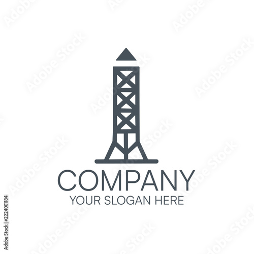 Minimalist vector logo design featuring an industrial oil derrick tower structure isolated on a white background suitable for petroleum drilling construction or energy related corporate branding