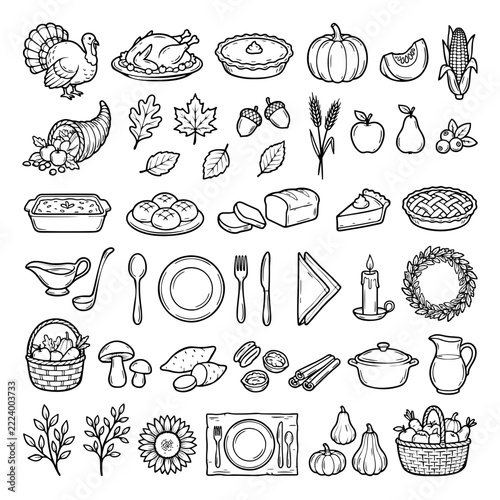 Thanksgiving Doodle Elements Set – Hand Drawn Autumn Harvest Outline Illustration