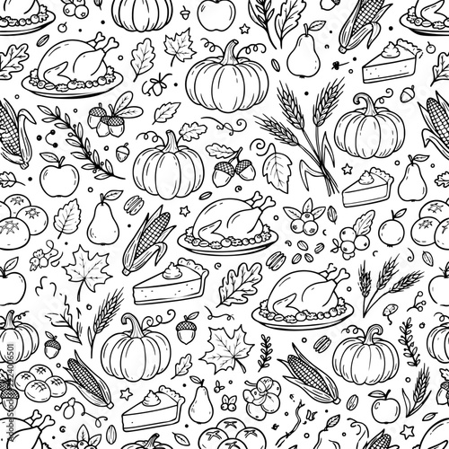Thanksgiving Seamless Pattern with Turkey, Pumpkins and Harvest Food – Black and White Doodle