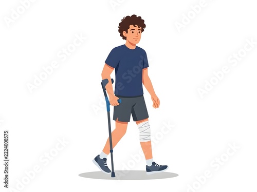 Young man walking with crutch and knee bandage recovering from leg injury in flat vector illustration