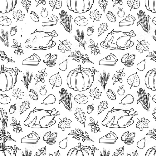 Thanksgiving Seamless Pattern with Turkey, Pumpkins and Harvest Food – Black and White Doodle
