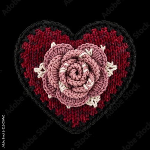 Handmade chunky knit crochet art of a red and black heart with a central pink rose, showing intricate stitching in a dark romantic mood for a gothic Valentine's or handcrafted love concept.