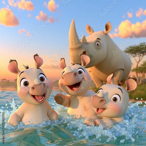 Three playful young rhinos splash joyfully in the water with an adult in the background.