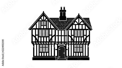 Tudor Style House Black and White Illustration.