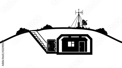 Underground bunker with communication antenna and stairs.