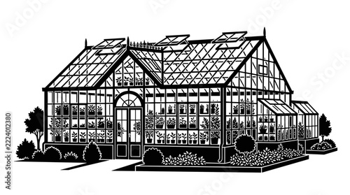 Victorian Greenhouse Structure with Plants and Trees.