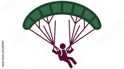 Green parachute icon flying with dark red silhouette person symbol for adventure design elements
