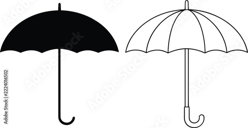 Umbrella Icons in Black Silhouette and Outline Styles