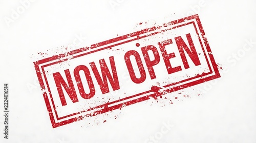 Red rubber stamp impression with the text now open isolated on a white background