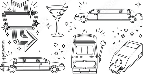 Las Vegas casino vector element set black and white line art icons limousine slot machine cocktail isolated illustration.