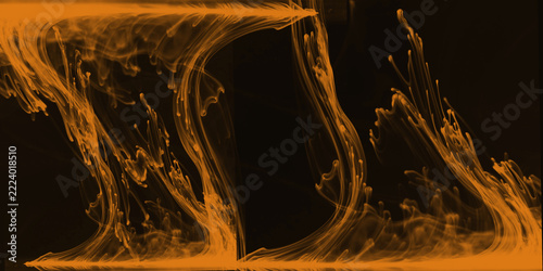 Orange ink in water abstract background photo. Features swirling liquid smoke, organic fluid motion, dynamic ink drop strands. Artistic banner backdrop for creative design project.