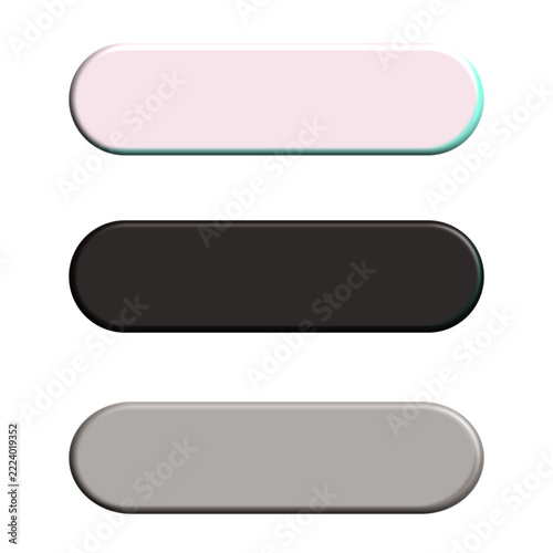 3D capsule button set isolated on transparent background, rounded pill shaped blank UI banner buttons in pink black and gray for app web design and call to action