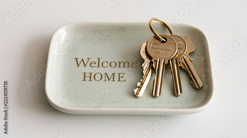 Golden house keys on ceramic welcome home tray isolated on white