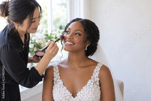 Asian makeup artist applying blush to smiling black bride in lace wedding dress with veil in bright room, bridal makeup
